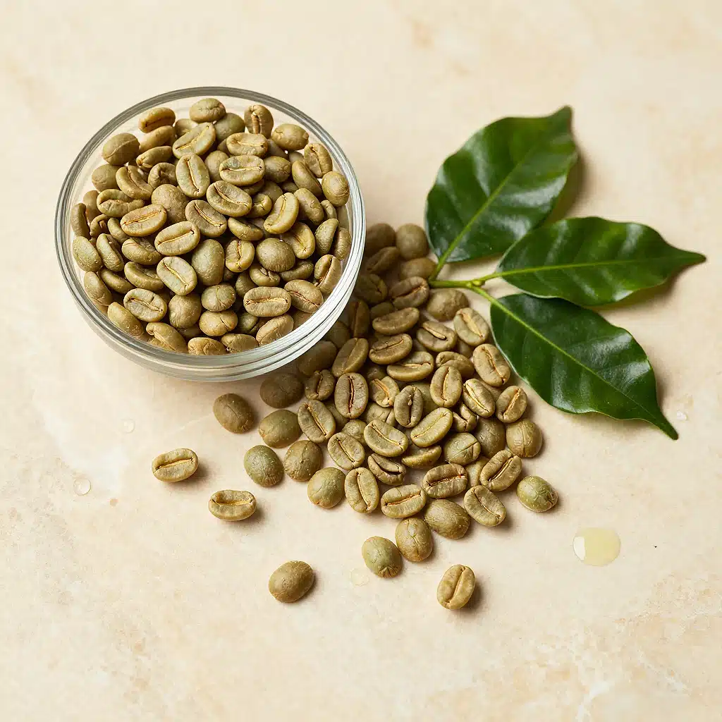 Raw unroasted green coffee beans on warm cream surface — firming antioxidant skincare ingredient